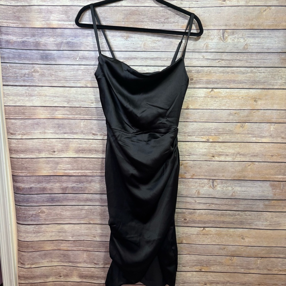 LEAU Ruched Satin Black Dress Drape Neckline Size XS